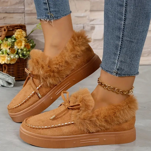 Bow Furry Round Toe Flat Slip-Ons - 9 color options!