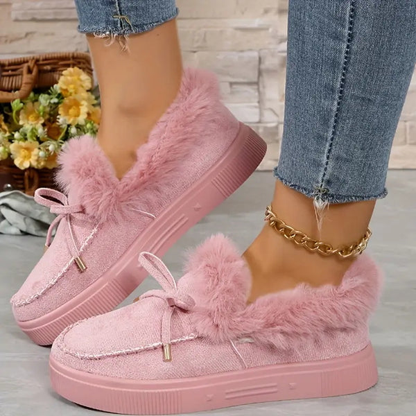 Bow Furry Round Toe Flat Slip-Ons - 9 color options!