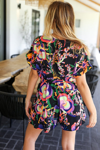 Live For Today Black Floral Surplice Woven Romper