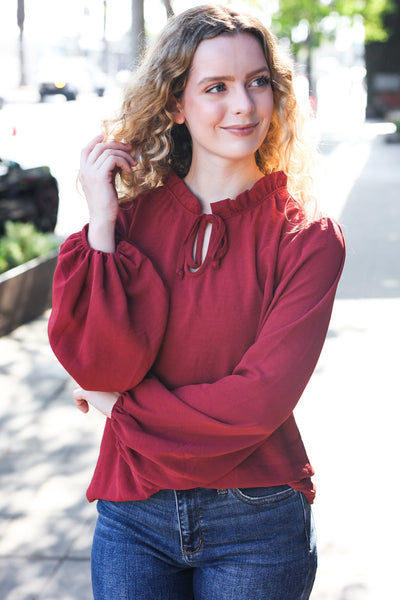 Feeling Femme Off Burgundy Frilled Edge V Neck Tie Top