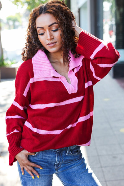 Fall For You Crimson Stripe Notched Neck Collared Oversized Sweater