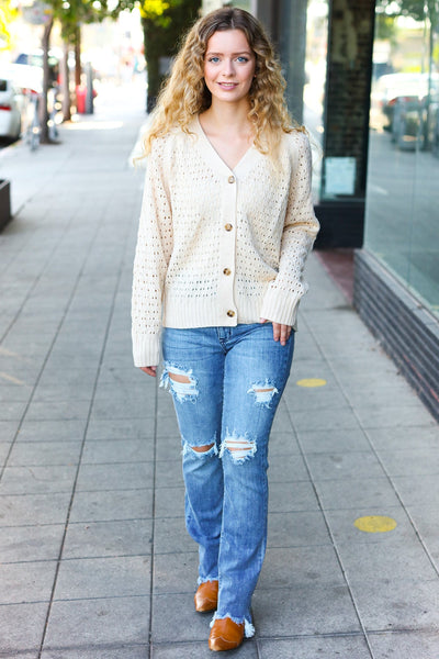 Follow Me Oatmeal Pointelle Knit Button Down Cardigan