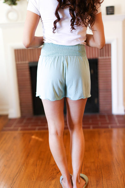 Seafoam Smocked Waist Scalloped Shorts