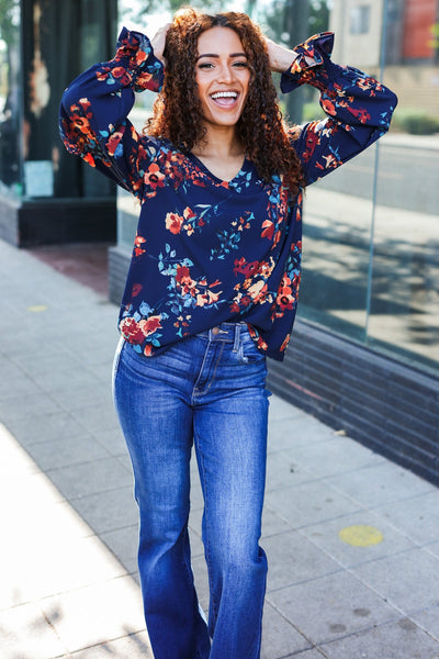 Lovely In Navy Floral Print Smocked Bubble Sleeve Woven Top