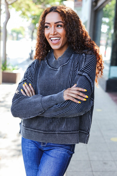 Looking Your Way Black Washed Rib Knit Cropped Sweater