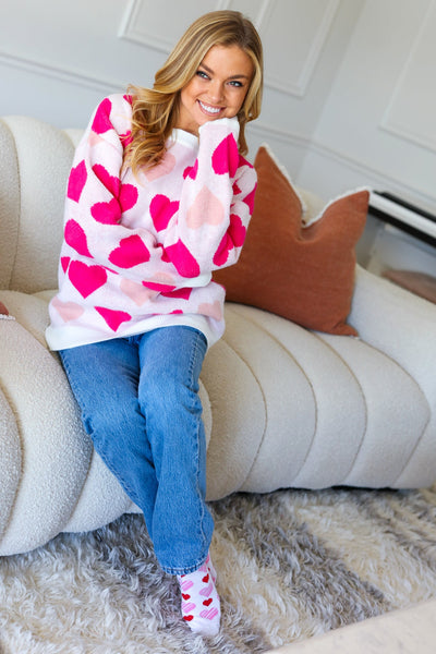 Be Mine Cream & Fuchsia Heart Oversized Sweater