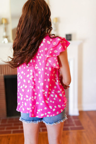 Hot Pink Floral Mock Neck Double Flutter Sleeve Top