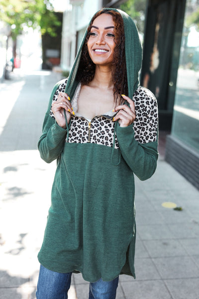 Diva Dreams Olive Leopard Print Half Zip Longline Hoodie