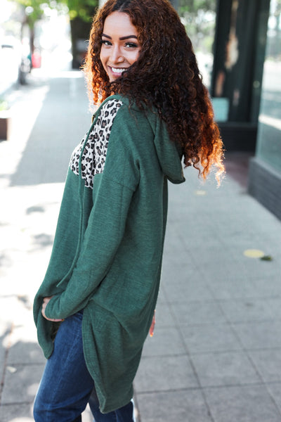 Diva Dreams Olive Leopard Print Half Zip Longline Hoodie