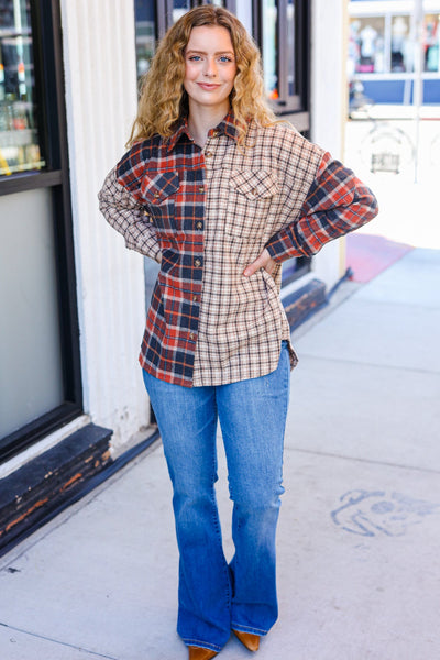 Make A Statement Rust & Taupe Plaid Color Block Shacket