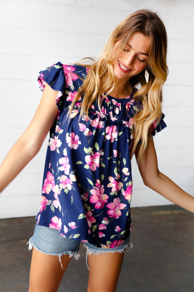 Navy & Pink Floral Print Frilled Short Sleeve Yoke Top