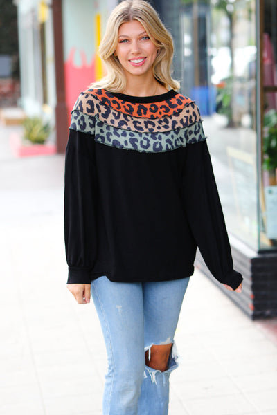 Black Multicolor Leopard Waffle Out Seam Top