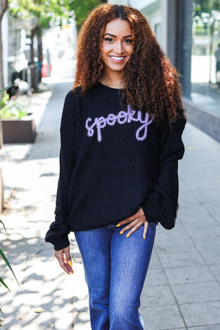 Get Your Spooky On Black Embroidered Chunky Sweater