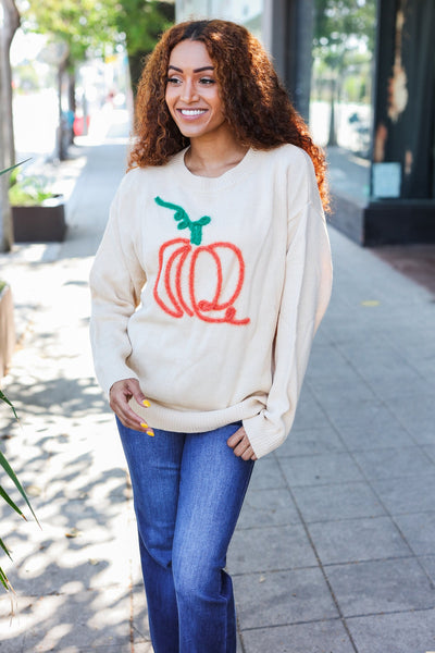 Pumpkin Spice Metallic Yarn Embroidered Oversized Sweater