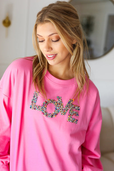 Pink "LOVE" Jewel Beaded Patch Pullover Top