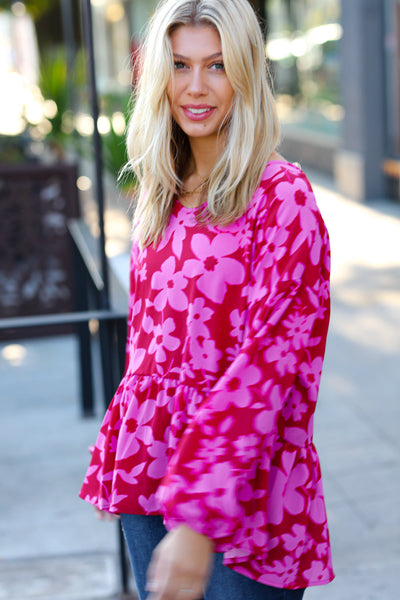 Red & Magenta Floral V Neck Woven Babydoll Top