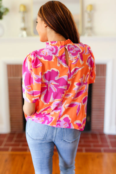 Feel Your Best Fuchsia Orange Floral Print Frill Mock Neck Top