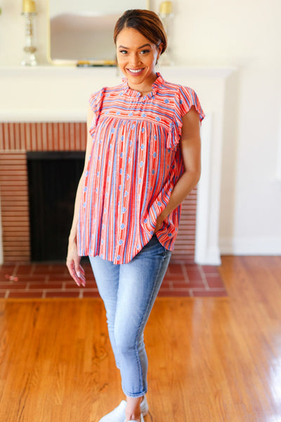 Red & Blue Boho Stripe Flutter Sleeve Top