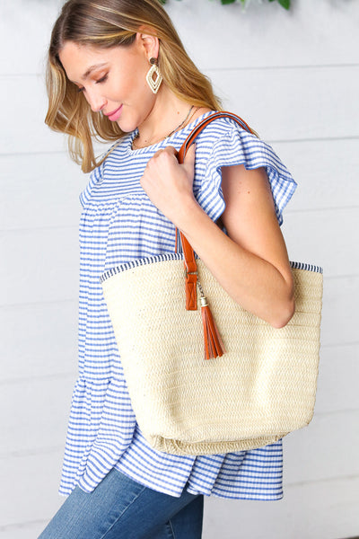 Cream Boho Raffia Woven Lined Large Tote Bag