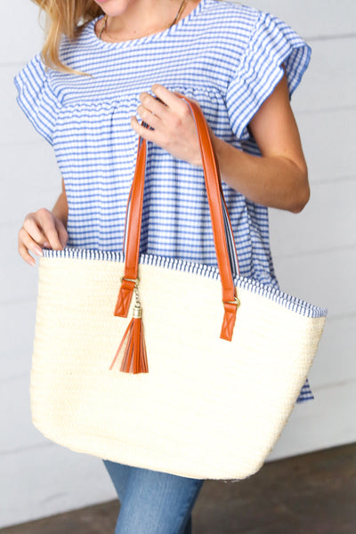 Cream Boho Raffia Woven Lined Large Tote Bag