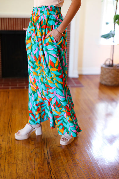 Summer Vibes Green & Orange Abstract Print Smocked Palazzo Pants