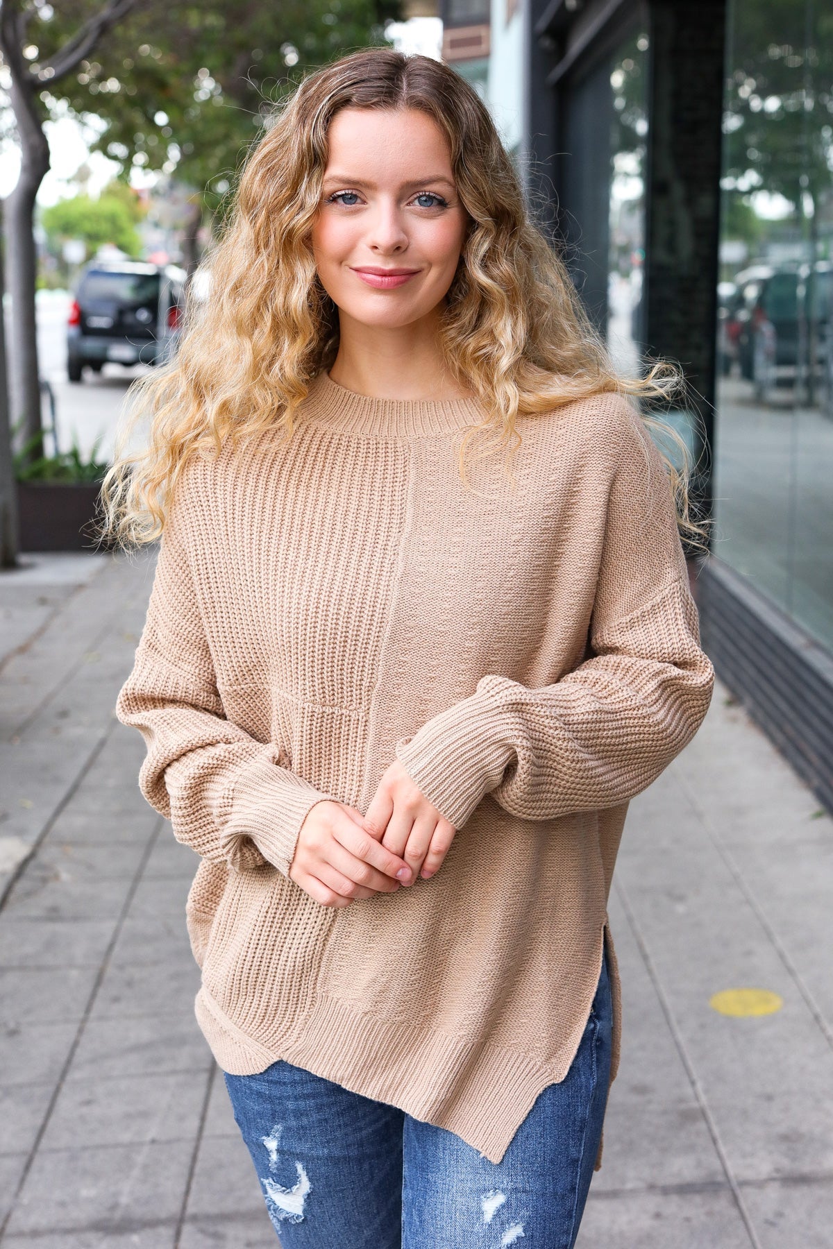 Autumn Vibes Taupe Asymmetrical Knit Sweater