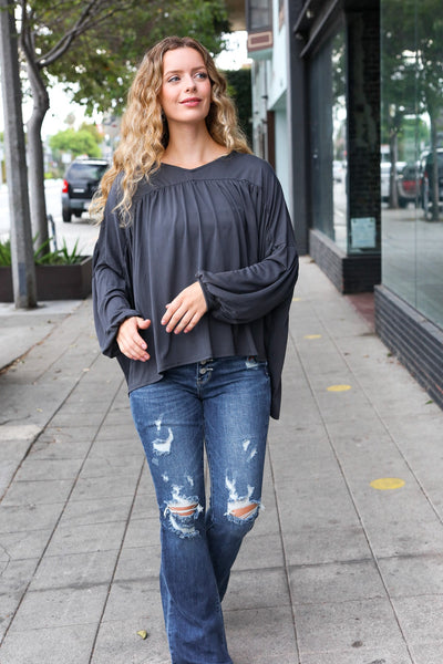 Casual Chic Charcoal V Neck Yoke Modal Knit Top