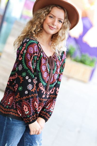 Take The Leap Black & Mauve Border Print Boho Tie Top