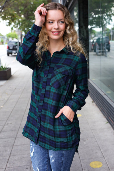 Make A Move Navy & Green Plaid Button Down Long Sleeve Top