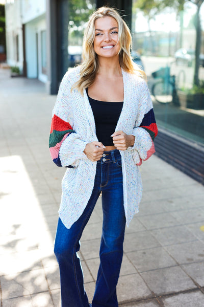 Weekend Ready Ivory Multicolor Mixed Thread Bubble Sleeve Cardigan