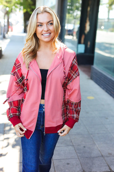 Adorable in Marsala Plaid Color Block Zipper French Terry Hoodie