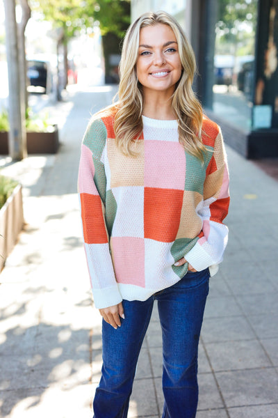 Be Bold Ivory & Rust Checker Jacquard Knit Sweater