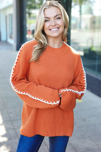 Fall Vibes Rust Rib Knit Large Stitch Oversized Sweater