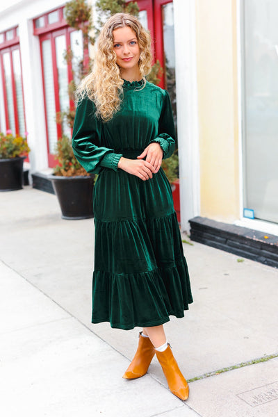 Holiday Dreaming Hunter Green Velvet Mock Neck Smocked Waist Dress