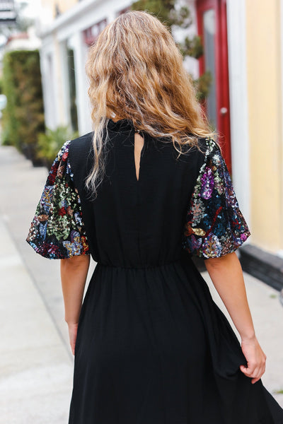 Black Floral Sequin Puff Sleeve Mock Neck Tiered Maxi Dress