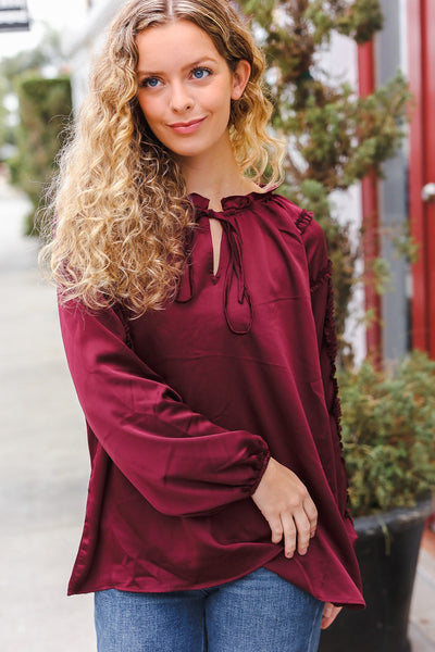 Holiday Vibes Burgundy Frill Detail Tie Neck Satin Top