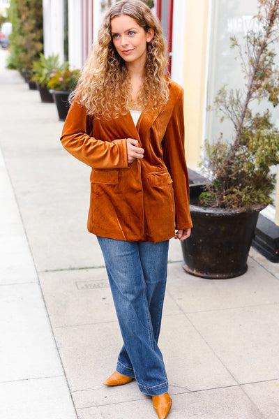 Holiday Stunner Rust Velvet Lapel Blazer