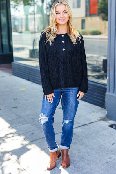 Casual Living Black Loose Knit Henley Button Sweater