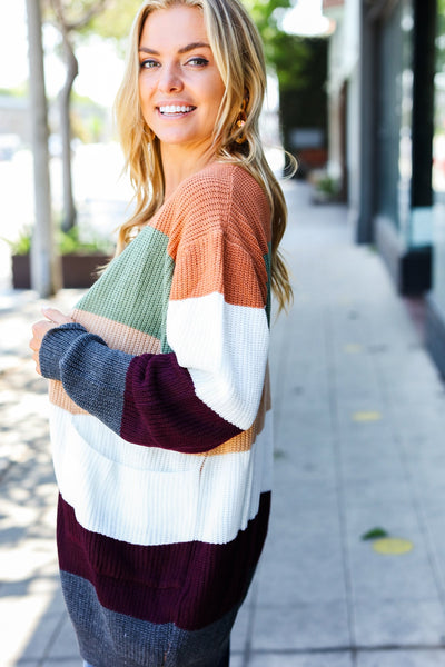 Put Together Plum & Olive Color Block Open Cardigan