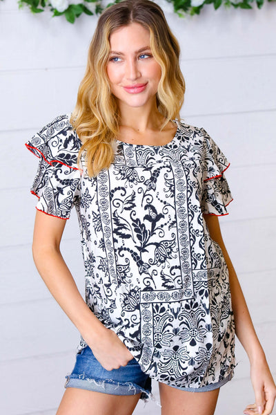 Black Boho Print Flutter Sleeve Woven Top