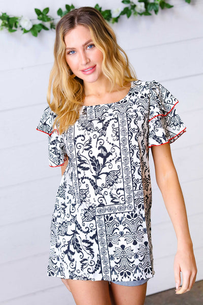 Black Boho Print Flutter Sleeve Woven Top