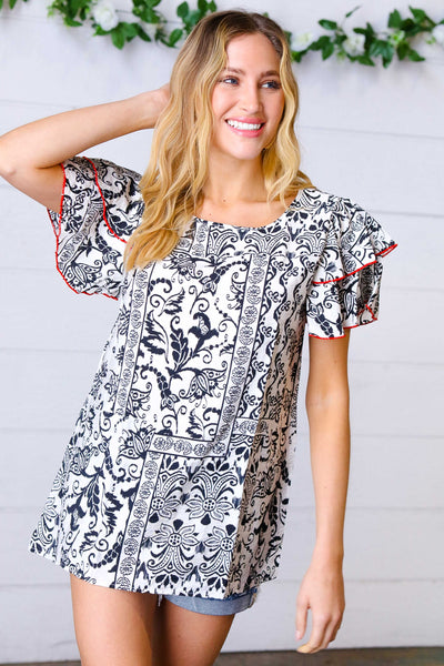 Black Boho Print Flutter Sleeve Woven Top