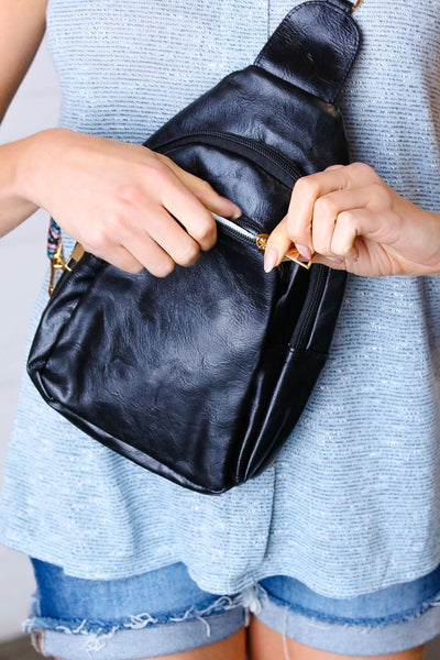 Black Vegan Leather Designer Strap Lined Sling
