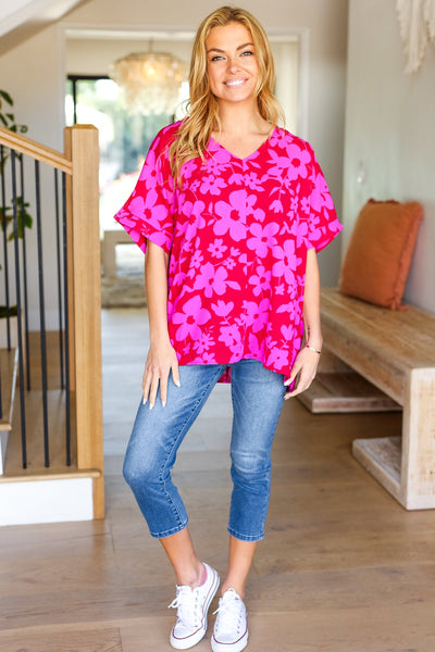 Tropical Trance Magenta Floral V Neck Woven Top