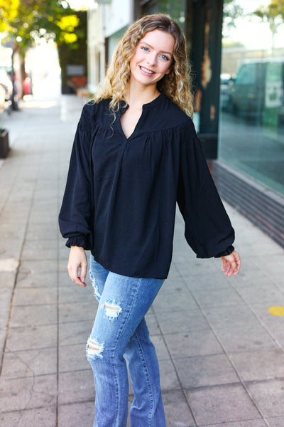 Boho Vibes Black Notched Neck Smocked Bubble Sleeve Top