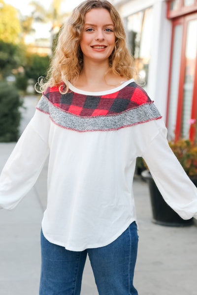 Pretty in Plaid Red & Grey Buffalo Plaid Hacci Outseam Top