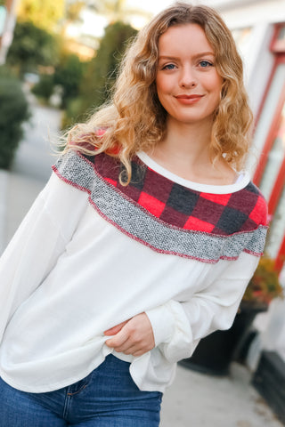 Pretty in Plaid Red & Grey Buffalo Plaid Hacci Outseam Top