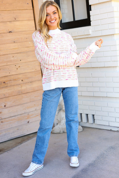 Weekend Ready Cream & Pink Tweed Knit Sweater