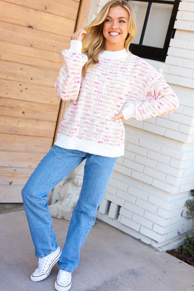 Weekend Ready Cream & Pink Tweed Knit Sweater