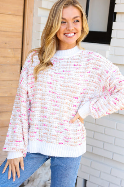 Weekend Ready Cream & Pink Tweed Knit Sweater